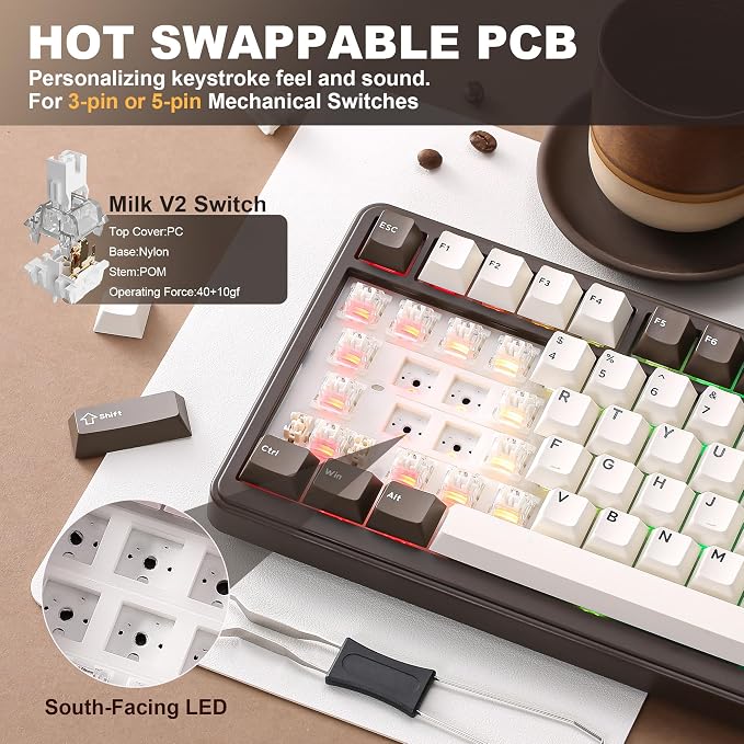 YUNZII B75 PRO 75% Wireless Mechanical Keyboard (Coffee Brown, MilkV2) | Hot Swap Keyboard with Knob, Gasket Mount, Creamy Pre-lubed Switch for Smooth Typing, BT/USB-C/2.4G, for Gaming