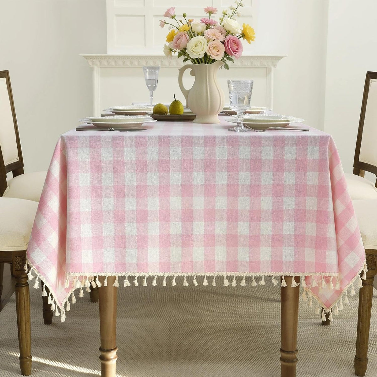 Romanstile Pink Gingham Tablecloth Rectangle, Outdoor Waterproof Linen Cotton Checkered Table Cloth with Tassel, Heavy Duty Wrinkle Free Buffalo Plaid Table Cover for Picnic Camping - 55 x 84 Inch