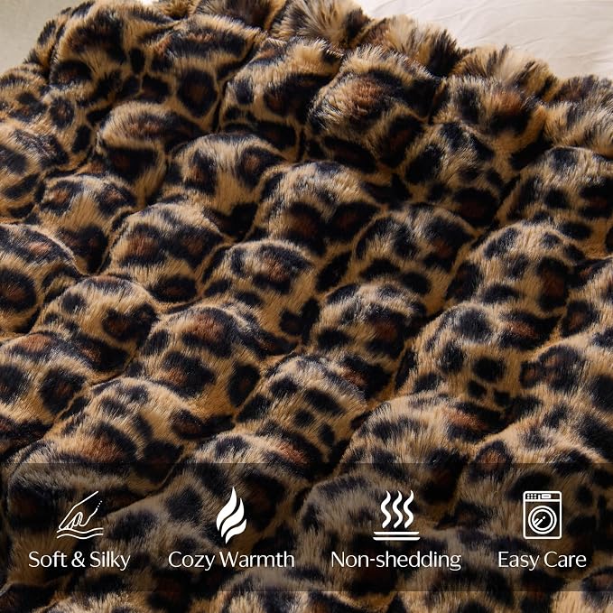 DOWNCOOL Faux Rabbit Fur Throw Blanket, Soft Fluffy Fuzzy Plush Bubble Blanket for Couch Sofa & Bed, Cozy Warm Luxury Fleece Minky Blanket, 60x80 Inches Leopard Print