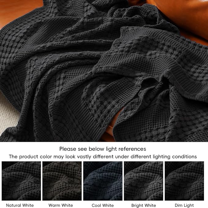 PHF 100% Cotton Waffle Weave Blanket King Size, Lightweight Breathable Summer Blanket for Hot Sleepers, Pre-Washed Soft Layer for Bed, Couch, Home Decor Gift, 108"x90", Black