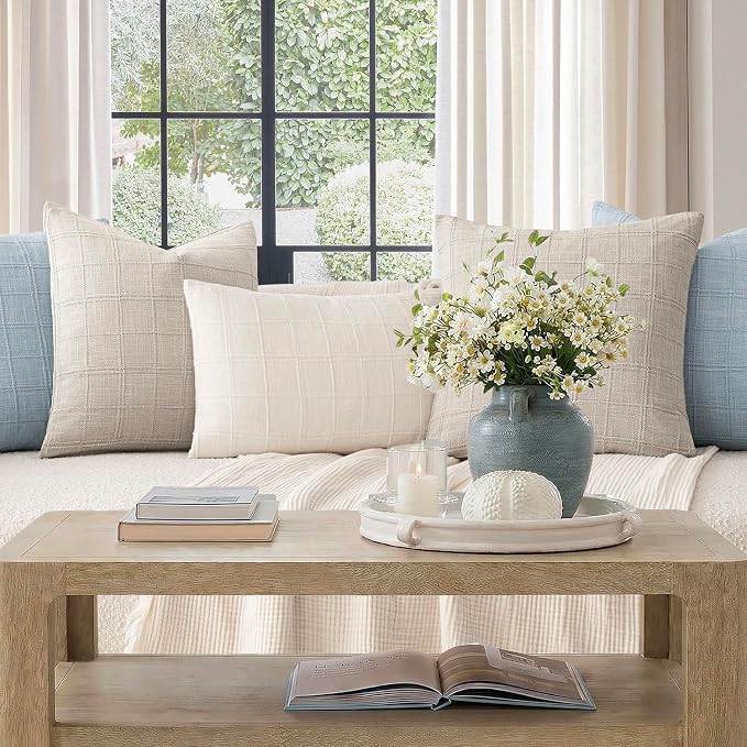 Foindtower Set of 2 Decorative Linen Check Throw Pillow Covers Neutral Farmhouse Lumbar Cushion Covers Modern Coastal Boho Home Decor for Sofa Chair Couch Bedroom Living Room,12×20 Inch,Light Grey
