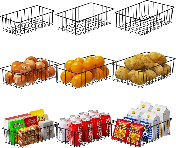 Joben Oligey 9 PACK (3 Szie) Small Wire Storage Baskets for Organizing,Pantry Organization Bins for Cabinets, Metal Basket for Kitchen, Bathroom Organizer (Black-9)