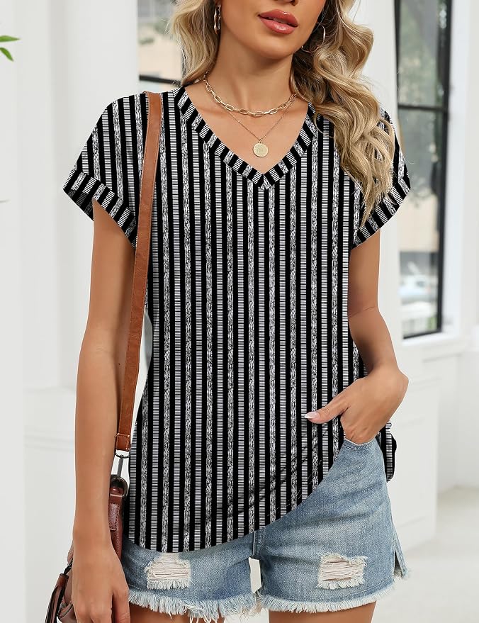 Rapbin Womens Summer Tops Women Blouses Dressy Casual V Neck T Shirts Short Sleeve Spring Tops for Women