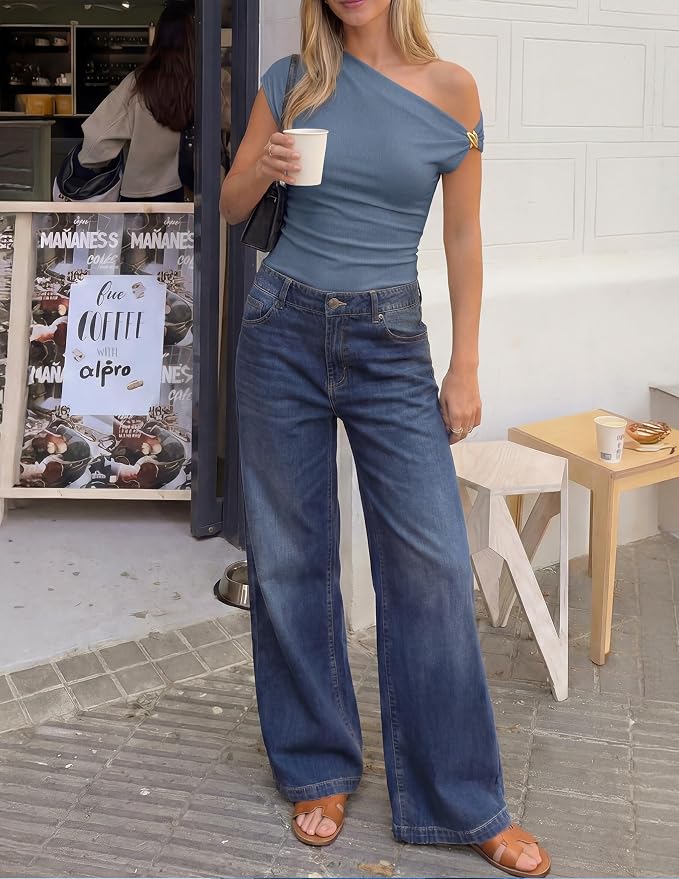 ZESICA Women's 2026 Summer Off Shoulder Tops Going Out Sexy Y2k Shirts Spring Cap Sleeve Ruched Asymmetrical Blouses