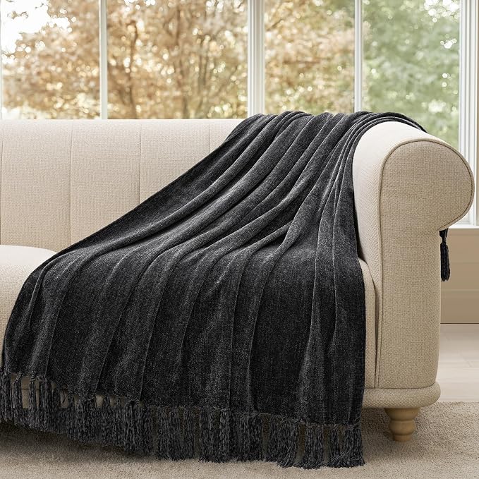 Chenille Knit Throw Blanket for Couch, 50"x60", Iron Black | Cozy Plush Fuzzy Knittd Throw with Tassels, Lightweight, Decorative, Farmhouse Decor, Ideal for Bed Sofa Gift, All Seasons