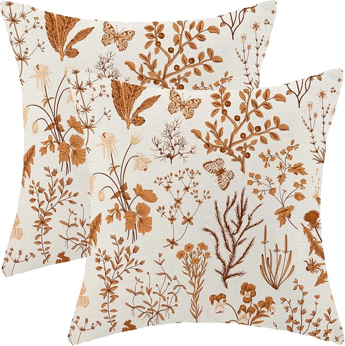 AEIOAE Fall Pillow Covers 16x16 Inch Set of 2,Burnt Orange Wild Flower Plant Throw Pillows Case,Seasonal Floral Outdoor Decorative Square Linen Farmhouse Decor Cushion Covers for Home Sofa Bed Couch