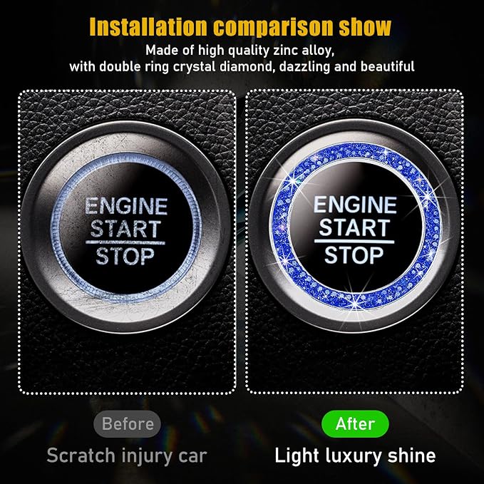 Kewucn 2 PCS Bling Crystal Double Rhinestone Car Engine Start Decoration Ring, Sparkling Push Start Button Sticker, Key Ignition & Knob Ring Decoration, Bling Car Interior Accessory(Dark Blue)