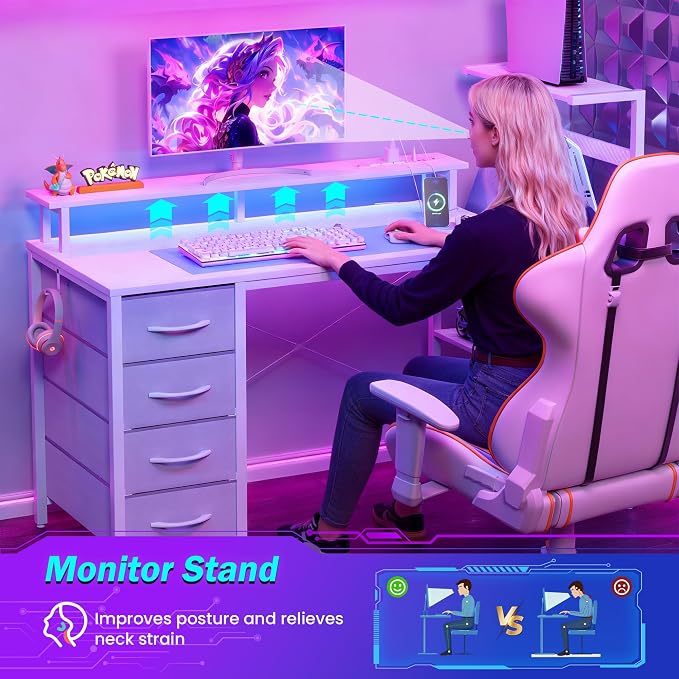 51 Inch Gaming Desk with Drawers & PC Tower Stand & LED Lights, White | Reversible, Monitor Shelf, Power Outlets, Carbon Fiber, Mesa Gamer, Computer Desk with Storage, Gaming Table for Home Office
