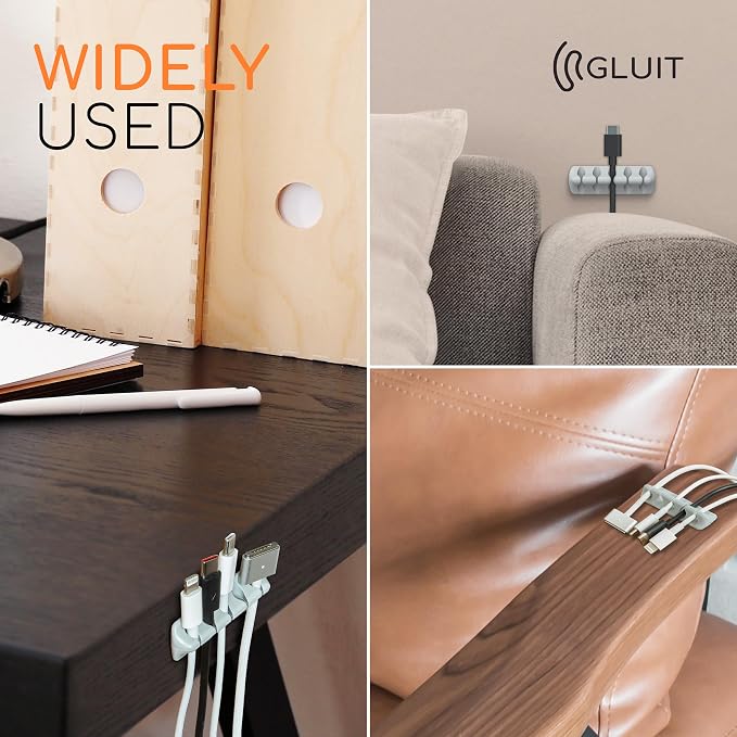Cord Organizer for Desk, Nightstand Cable Holder, 5 Pack, Multislot, Grey | GLUIT Adhesive Charger Organizer, Cable Management for Desk Car Office Home College Dorm Room Cable Clips for Cords