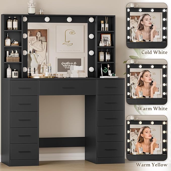 Makeup Vanity with Drawers, 43" Black Vanity Desk with Mirror and Lights, 11 Drawers & 4 Shelves, Power Outlet & Adjustable LED Lights, Dressing Table for Women & Girls Bedroom