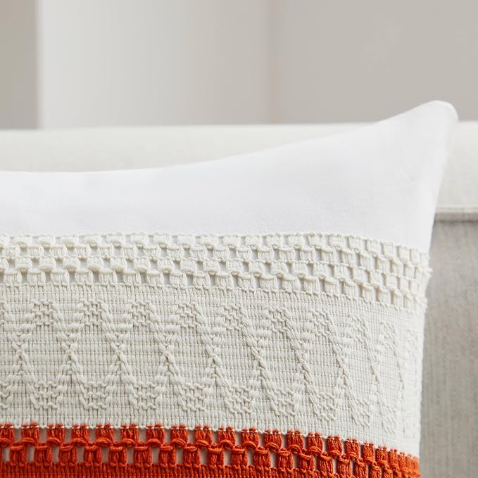 2pk Boho Pillow Covers 22x22, Natural White/Contrast/Orange | 100% Organic Cotton Body, Stripe Embroidery, Farmhouse Decorative Cushion Covers for Sofa Bed Living Room Home Decor