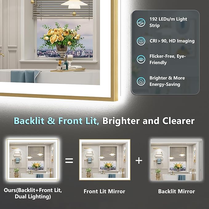 48x40 Gold LED Bathroom Mirror with Lights, Brushed Gold Framed Backlit and Front Lit Anti-Fog Lighted Vanity Mirrors for Bathroom Wall, Dimmable, 3 Colors, Memory, HD Tempered Glass, CRI＞90