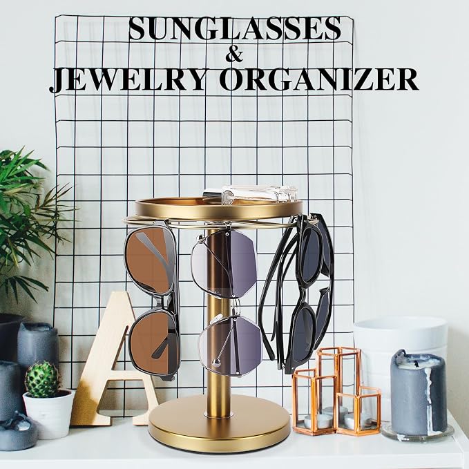 kondyfayo 360° Rotating Sunglass Organizer Storage, Stainless Steel Glasses Holder Stand, Glasses Organizer with Tray for Desk, Dresser, Tabletop, Nightstand and Home Decor (Gold) | Stainless Steel Stand with 360 Rotation Holds 9 to 12 Pairs. Top Tray ...