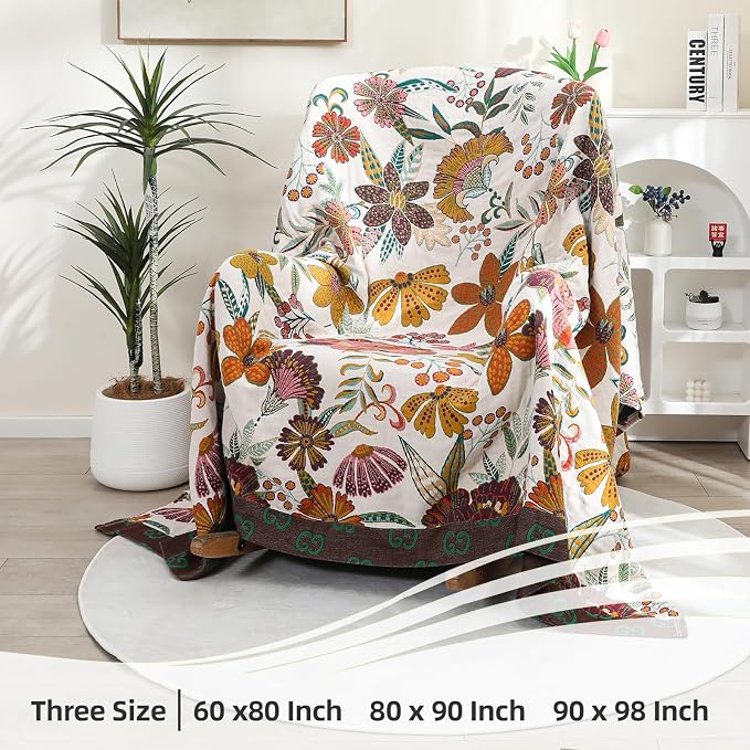 VANJOROY King Boho Throw Blanket for Bed, 100% Cotton Muslin Soft Throw-Floral Farmhouse Rustic Decor Blanket for Couch Sofa Quilt and Gift, 91" x 98"-BeigeWhite