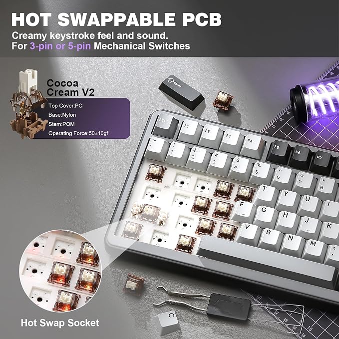 YUNZII B75 PRO 75% Wireless Mechanical Keyboard (Dark Grey,Cocoa V2) | Hot Swap Keyboard with Knob, Gasket Mount, Creamy Pre-lubed Switch for Smooth Typing, BT/USB-C/2.4G, for Gaming