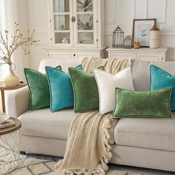 decorUhome Soft Chenille Throw Pillow Covers 12x20 Set of 2 Turquoise | Fall Textured Decorative Throw Pillow Cases Stitched Edge Modern Farmhouse Luxury Boho Velvet for Couch Sofa Bed Home Decor