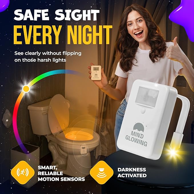 Mind-Glowing Toilet Light with Motion Sensor - Toilet Bowl Night Light with Color Changing LED, Dimmer - Funny Gag Gift for Men, Women, Dad, Mom - Kids Bathroom Accessories for Potty Training (3 Pack)