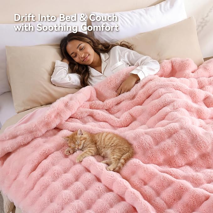 Faux Rabbit Fur Throw for Couch - Blush Pink Bubble Blanket 50"x60" | Fluffy Plush Fuzzy Throw for Sofa & Bed, Super Soft Cozy Comfrt Blanket, Luxury Aesthetic Pink Decor Gift for Women