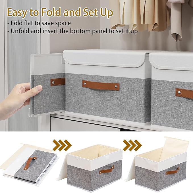 Yawinhe Storage Bins with Lids, Fabric Foldable Boxes, Washable and Leather Handle, Cube Organizer Basket for Home, Closet, White/Grey, 17.7''Lx11.8''Wx11.8''H, 1-Pack, USNK024WGX-1