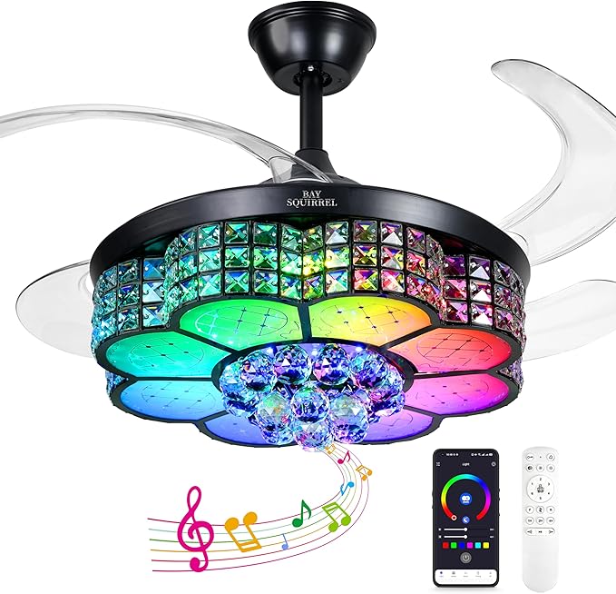 BAYSQUIRREL Retractable Crystal Ceiling Fan with Light, Bluetooth Ceiling Fans with Speaker and Remote/APP Control, 6 Speeds Reversible Blades, RGB-LED Dimmable Chandelier Ceiling Fan
