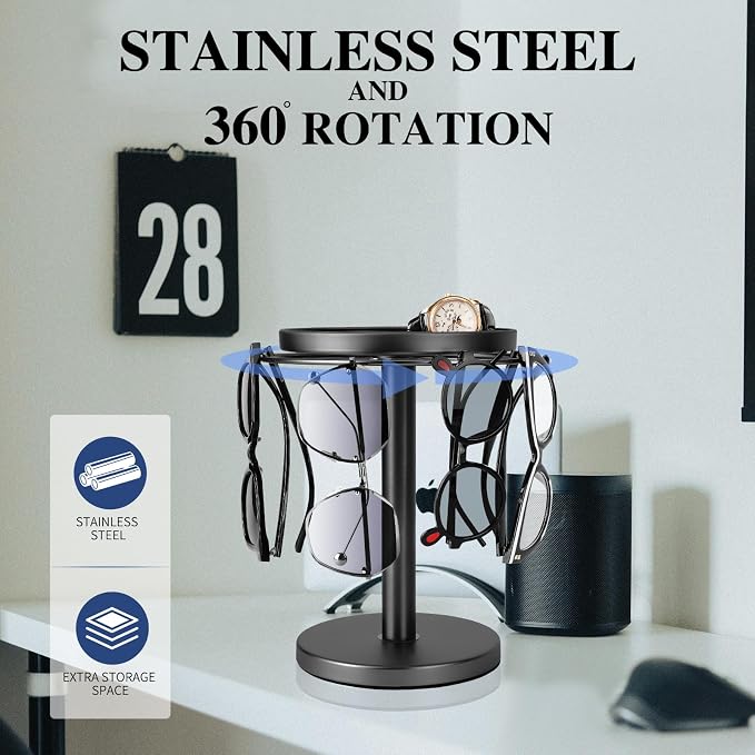 kondyfayo 360 Rotating Sunglass Organizer Glasses Holder (Titanium Black) | Stainless Steel Stand with 360 Rotation Holds 9 to 12 Pairs. Top Tray Stores Rings, and Keys for Desk, Dresser, Nightstand