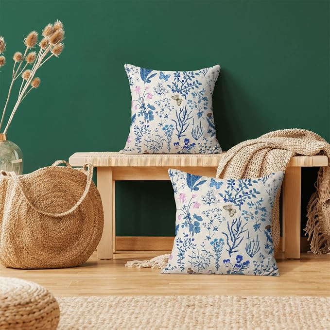 AEIOAE Summer Pillow Covers 20x20 Inch Set of 2,Blue Wild Flower Plant Throw Pillows Case,Seasonal Floral Outdoor Decorative Square Linen Farmhouse Decor Cushion Covers for Home Sofa Bed Couch