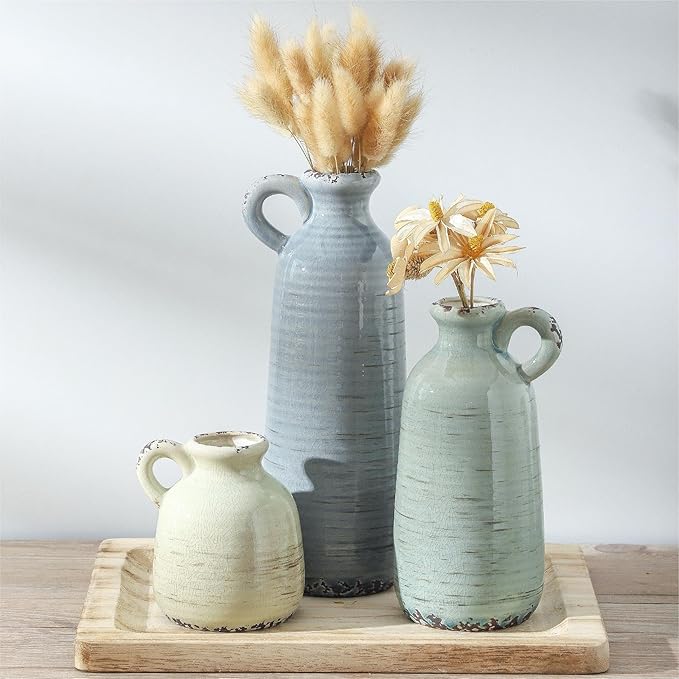 Ceramic Vase Set of 3 | Neutral Vase Home Decor with Handle | Pottery Modern Farmhouse Vases Pampas Grass Flower Vases for Home Decor Table Living Room Centerpieces Mantel Decor - Multicolor