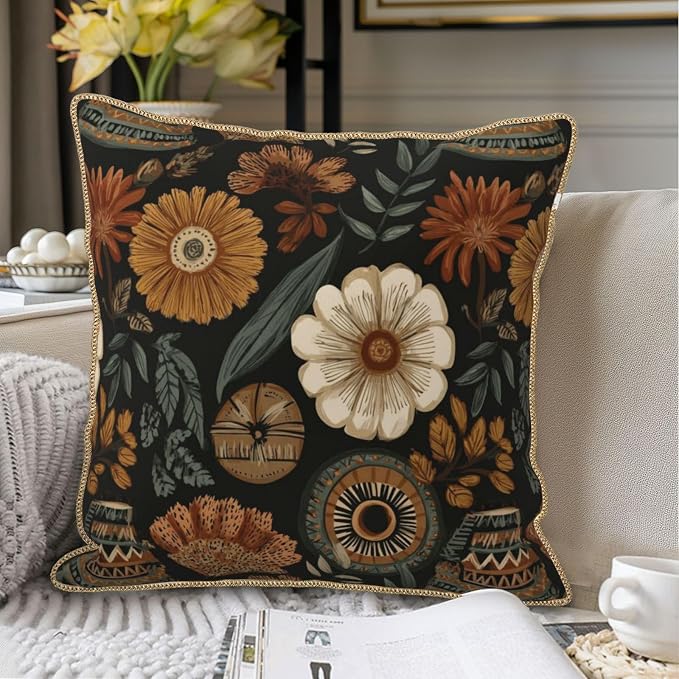 Vintage Boho Flower Velvet Pillow Covers 16x16 Inch Brown Green Retro Floral Throw Pillows for Couch Cushion Covers PillowcaseBohemian Farmhouse Pillow Cases for Sofa Bed Living Room