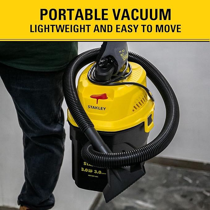 Stanley 3 Gallon Portable Shop Vacuum, 3 Peak HP Wet Dry Suction Vac,Multi-functional Crevice Nozzle with Retractable Hose Vacuum for Home, Car Detailing, Jobsite, Garage & Workshop SL18910P-3