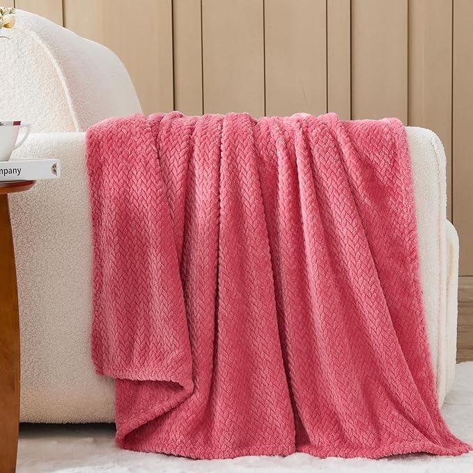 NEWCOSPLAY Fleece Leaves Pattern Twin Blanket, Coral Pink, 60"x80" | Super Soft Throw Blanket, Lightweight Cozy Bed Sofa Blanket, Premium Silky Flannel Fleece, Travel Blanket for All Season Use