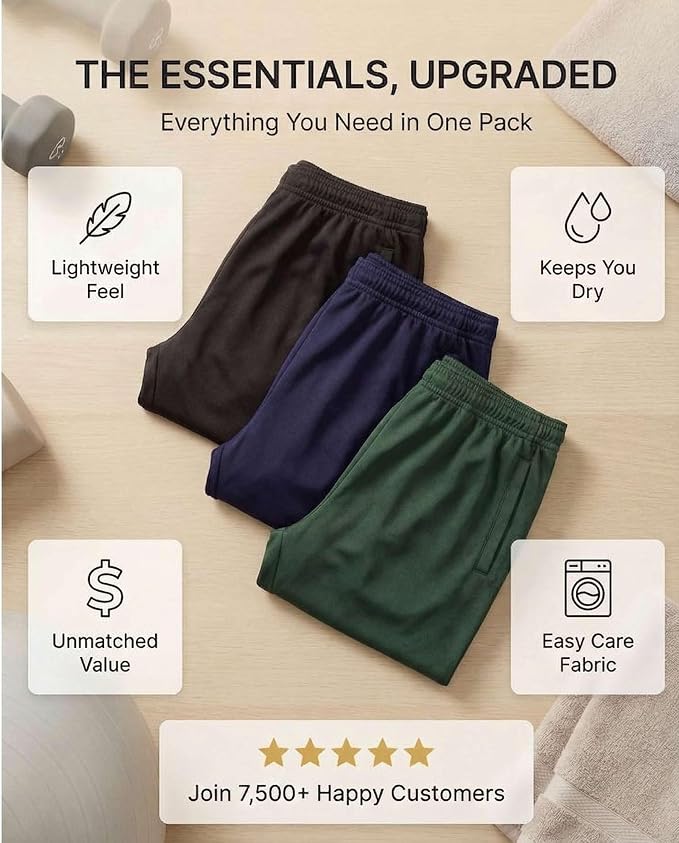 3 Pack Men's Mesh Open Bottom Sweatpants Active Athletic Workout Gym Pocket | Available in Big & Tall, Uncuffed, Elastic Waistband, Drawstring, Straight Leg, Running, Jogging, Exercise, Training, Sports