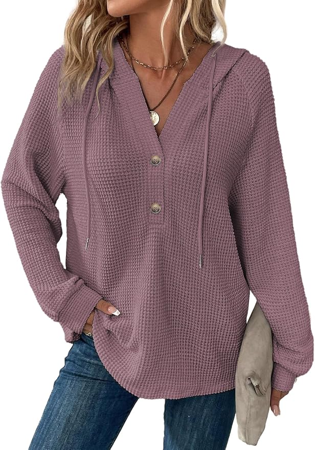 Dokotoo Hoodies for Women Waffle Knit Long Sleeve Drawstring Button V Neck Casual Sweatshirt Hooded Tops Fashion Clothing