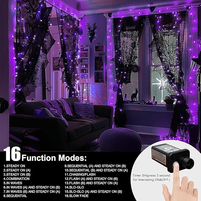 LAMPHOME 66FT 200LED Purple Christmas Lights Indoor Outdoor Clear Wire, Purple Lights for Christmas Tree, 16 Modes Deep-Violet String Lights Plug in for halloween Bedroom Garden Party Xmas Decorations