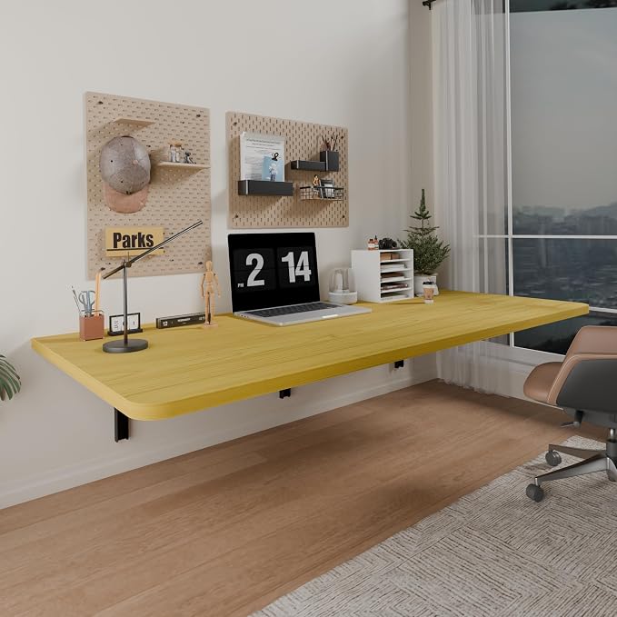 IAE 48x22in Floating Fold Desk,Wall-Mounted Folding Computer Table,Natural | Study Table with Shelf Brackets,Foldable Down Shelf with Engineered Wood,Fold Computer Desk for Small Apartment,Holds 508 lb