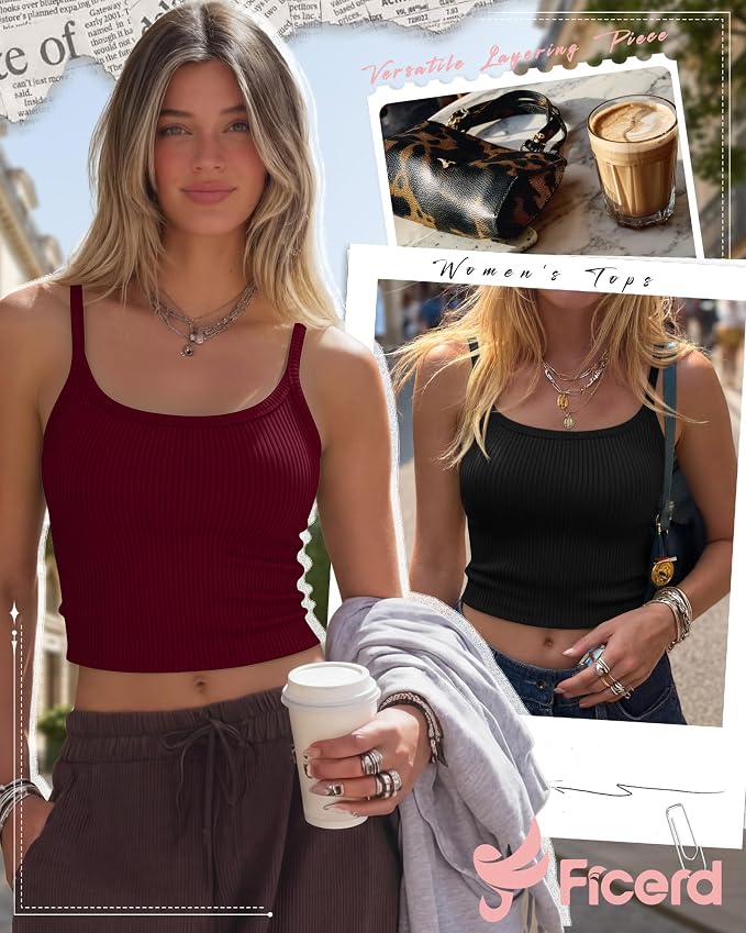 Ficerd 3 Pack Women's Tank Tops 95% Cotton Spaghetti Strap Ribbed Crop Camisole Slim Fitted Basic Summer Sleeveless Layer