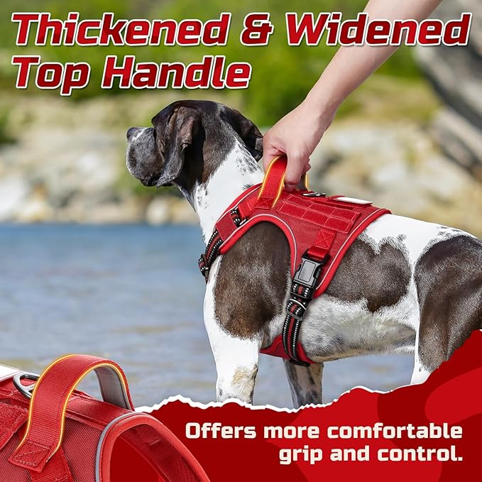 rabbitgoo Tactical Dog Harness for Large Dogs, No Pull Military Service Vest with Handle & Molle, Easy Control for Training Walking, Adjustable Reflective Straps, Red, L