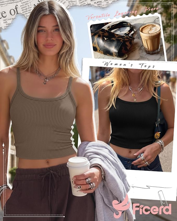 Ficerd 3 Pack Women's Tank Tops 95% Cotton Spaghetti Strap Ribbed Crop Camisole Slim Fitted Basic Summer Sleeveless Layer