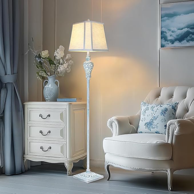 Vintage Floor Lamp with Nightlight, 65" Retro Standing Lamp with White Linen Shade, Washed Blue Finish Farmhouse Style Design Tall Lamp Decor for Living Room Bedroom Study Home Corner (Bulb Included)