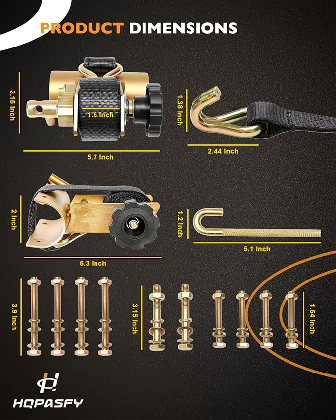 Pipe Rack Ratchet Straps, W/J-Hook (2PCS), 2" Gold Round Tube Mount, 1.5" Wide x 7.5' Long, Black Ladder Rack Ratchet Straps, 500 lbs Load Heavy Duty, Truck/Roof Rack Straps, Lumber Rack Strap