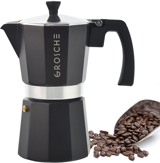 GROSCHE Milano Stovetop Espresso Maker Moka Pot 9 espresso Cup 15.2oz Black | Cuban Coffee Maker And Italian Moka Pot For Stovetop Espresso; For Gas, Electric, And Propane Stoves With A Soft-Touch Handle