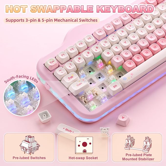 YUNZII C98 Cute Cake Wireless Mechanical Keyboard (Pink, Milk Switch) | 99 Keys with Number Pad, Hot Swap, PBT MOA Keycaps, BT5.0/2.4G/USB-C, Gasket Mount, Custom RGB Backlit for Win/Mac