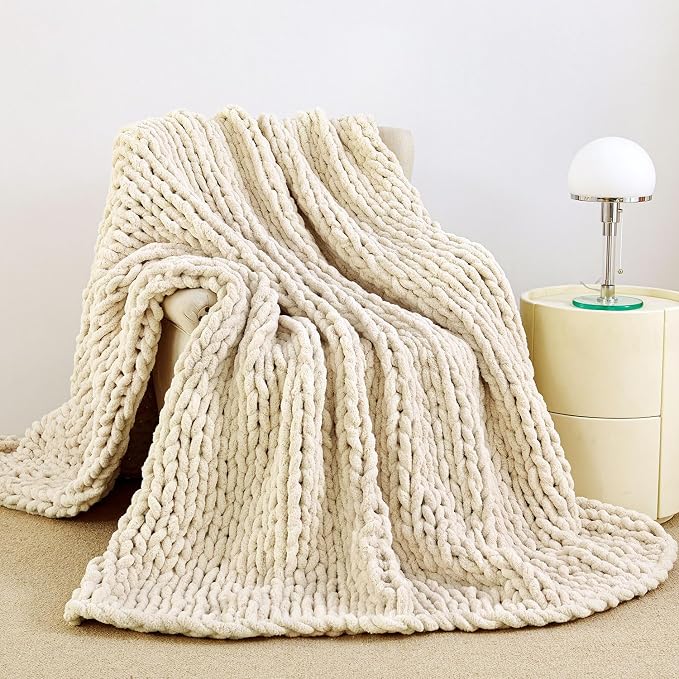 Chunky Knit Blanket Throw for Couch, 60"x80" Chunky Yarn Knitted Blankets | 100% Hand Knit Thick Chenille, Soft Breathable for Bed, Sofa, Home Decor, Cozy Gifts for Women Friends, Ivory