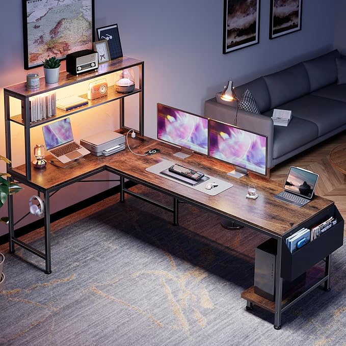 PRAISUN L Shaped Gaming Desk with LED Lights & Power Outlets, Reversible Computer Desk with Storage Shelves & Bag, Large Corner Home Office Desk with Pegboard for Work from Home, Rustic Brown