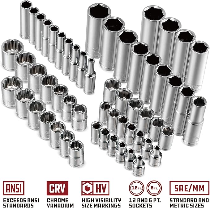 Powerbuilt 642452 80 Piece 1/4-inch and 3/8-inch Drive Mechanics Tool Set - with SAE and Metric Socket Set, 72 Tooth Seal-Head Ratchet, Automotive Tool Kit, including Case