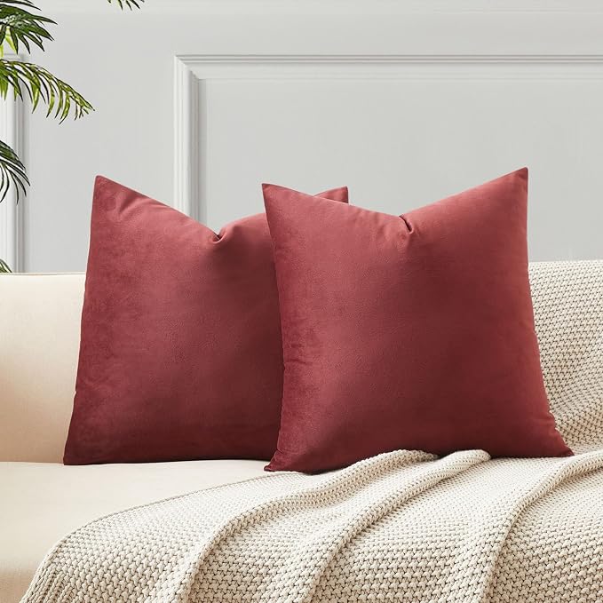 18x18 Throw Pillow Covers Decorative Velvet Couch Covers Set of 2,Dark Red | JUSPURBET Cozy Soft Pillowcases with Invisible Zipper for Modern Couch Sofa Bed Living Room Bedroom Home Decor Christmas