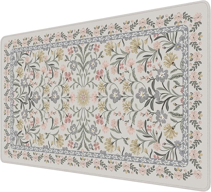 iCasso Aesthetic Mouse pad,23.6x13.7 Desk Pad Mat, Gray Floral | Desk Matt for Desktop, Anti-Slip Mousepad with Stitched Edges for Laptop Computer Keyboard