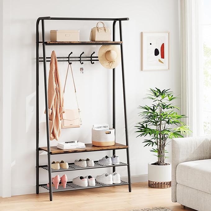 Jojoka 31" Coat Rack, Hall Tree with Shoe Bench and Storage, 4-Tier Shelf with 5 Hooks, Freestanding Metal Entryway Organizer for Hallway, Accent Furniture for Bathroom