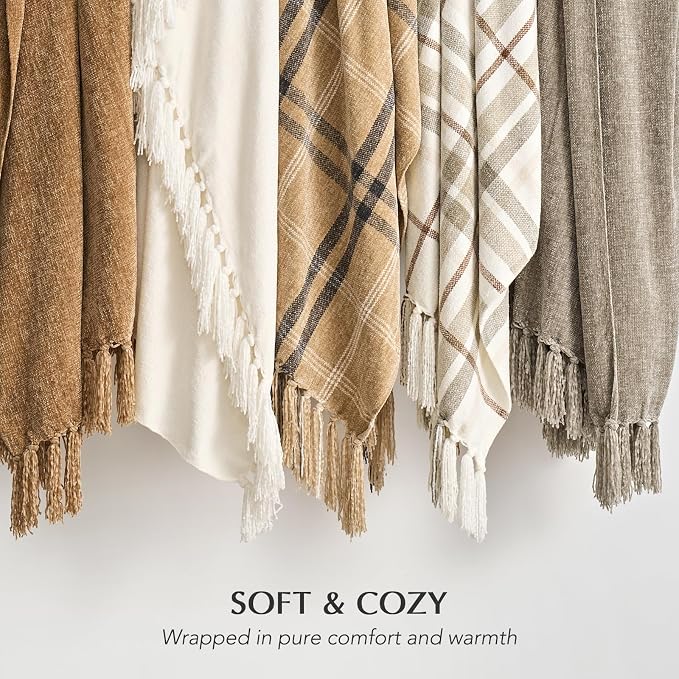 Chenille Knit Throw Blanket for Couch, 60"x80", Beige | Cozy Plush Fuzzy Knittd Throw with Tassels, Lightweight, Decorative, Farmhouse Decor, Ideal for Bed Sofa Gift, All Seasons