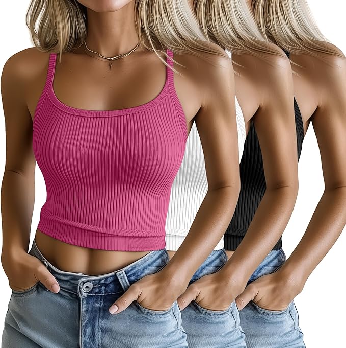 Ficerd 3 Pack Women's Tank Tops 95% Cotton Spaghetti Strap Ribbed Crop Camisole Slim Fitted Basic Summer Sleeveless Layer