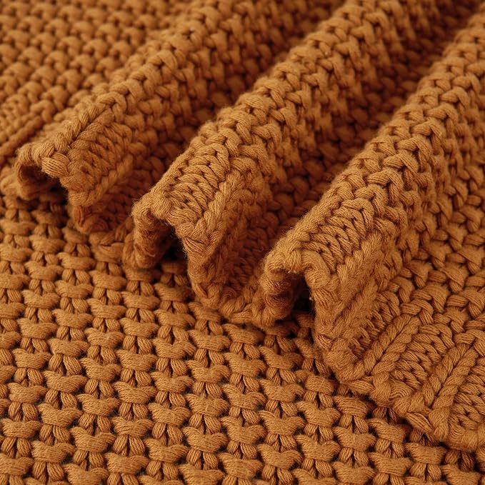 Chunky Cable Knit Throw Blanket Lightweight Burnt Orange 100% Organic Cotton Blanket for Sofa Couch Bed Baby Nursery, Rustic Shabby Chic Modern Farmhouse, 60” x 80” Give Laundering Bag